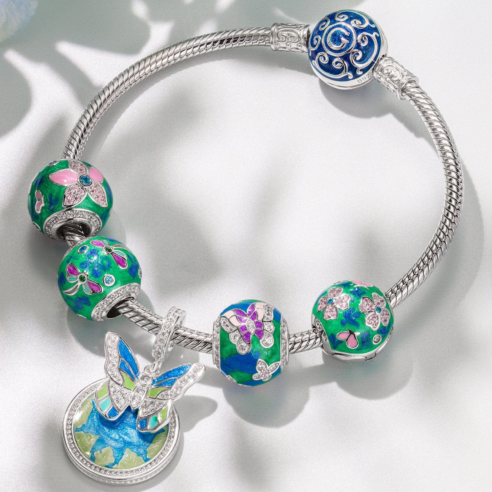 Sterling Silver Emerald Butterfly Dance Charms Bracelet Set With Enamel In White Gold Plated (Includes bracelet and all charms shown)