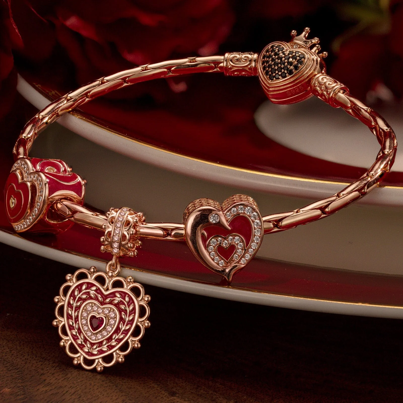 Sterling Silver Loving Embrace Charms Bracelet Set With Enamel In Rose Gold Plated (Includes bracelet and all charms shown) - Image 2