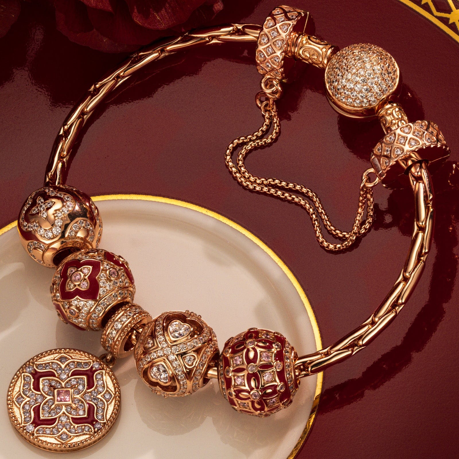 Sterling Silver Monaco Red Clover Charms Bracelet Set With Enamel In Rose Gold Plated (Includes bracelet and all charms shown) - Image 2