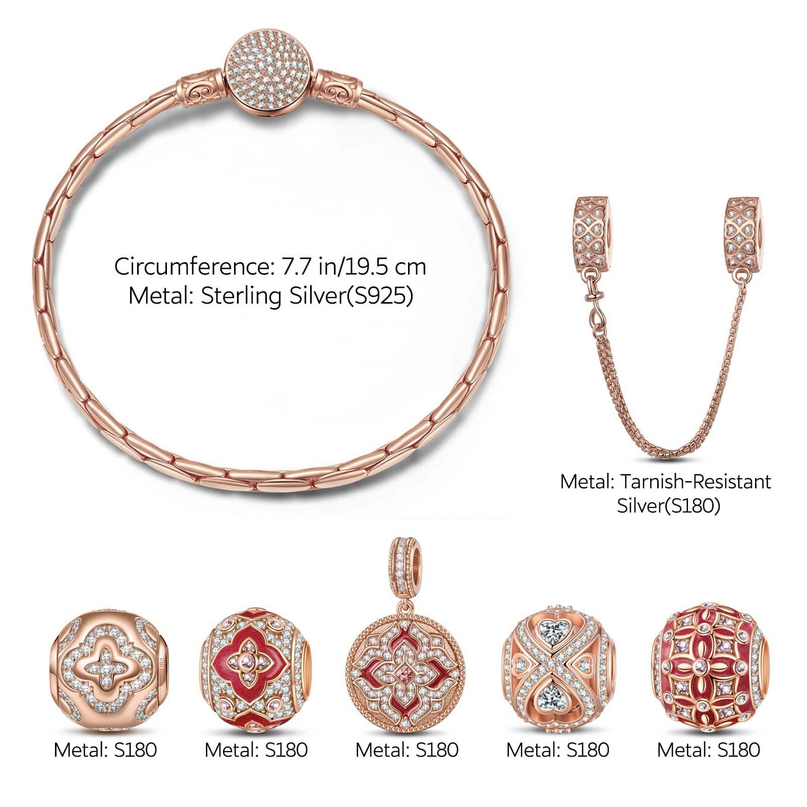 Sterling Silver Monaco Red Clover Charms Bracelet Set With Enamel In Rose Gold Plated (Includes bracelet and all charms shown) - Image 3