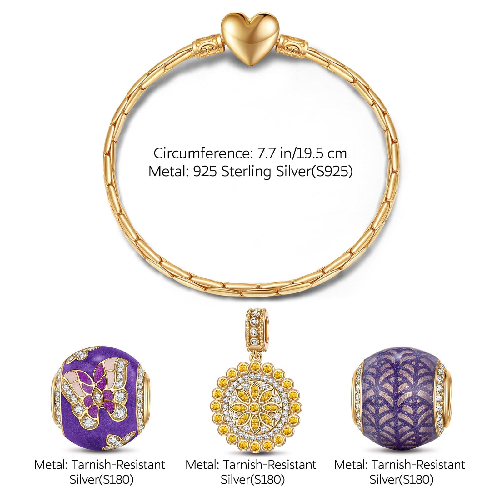 Sterling Silver Purple Story Charms Bracelet Set With Enamel In 14K Gold Plated (Includes bracelet and all charms shown) - Image 2