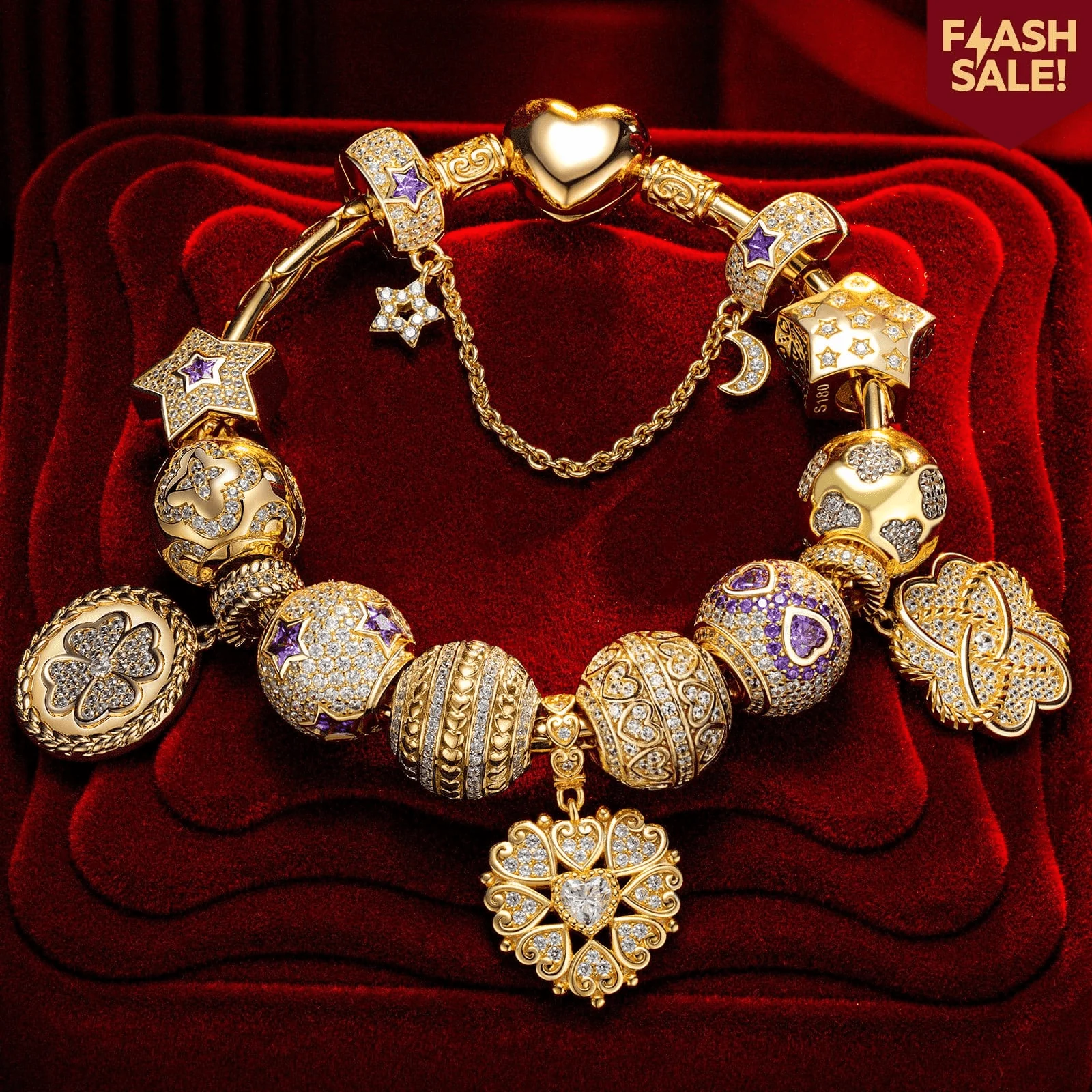 Sterling Silver My Love My Shine Charms Bracelet Set In 14K Gold Plated (Includes bracelet and all charms shown)