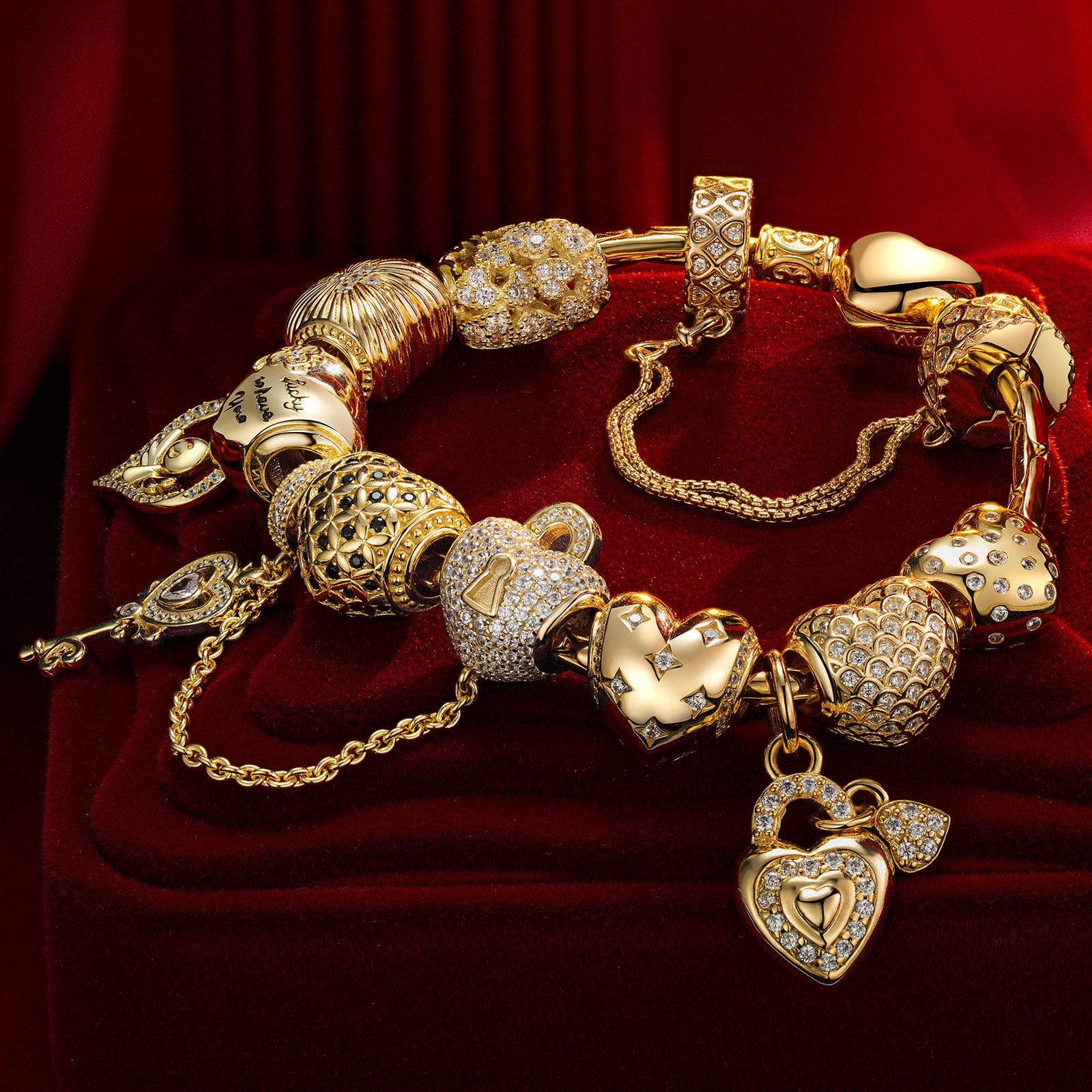 Sterling Silver Golden Heart Charms Bracelet Set In 14K Gold Plated (Includes bracelet and all charms shown) - Image 2