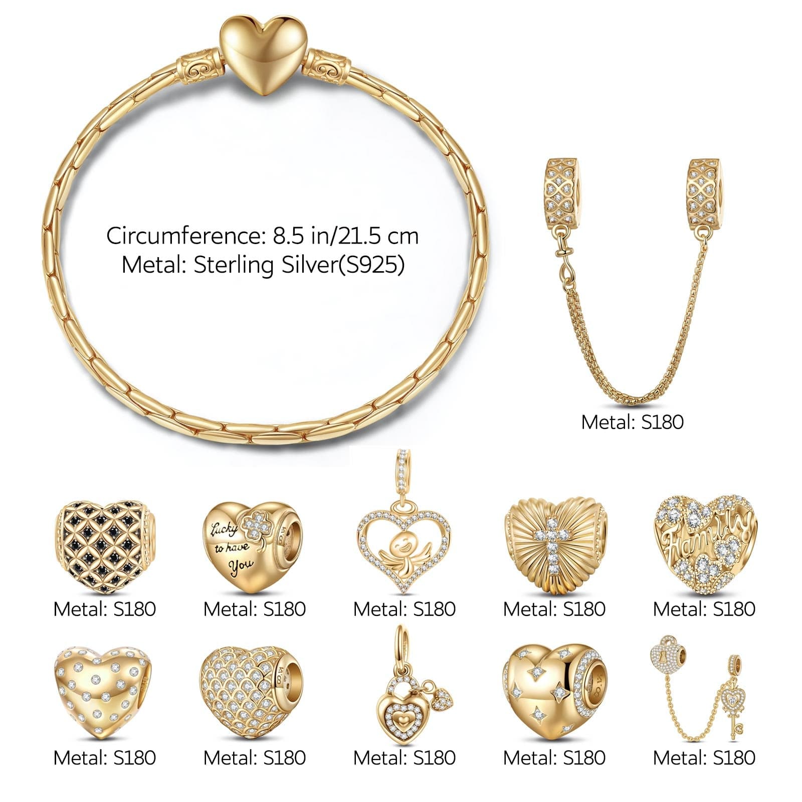 Sterling Silver Golden Heart Charms Bracelet Set In 14K Gold Plated (Includes bracelet and all charms shown) - Image 3