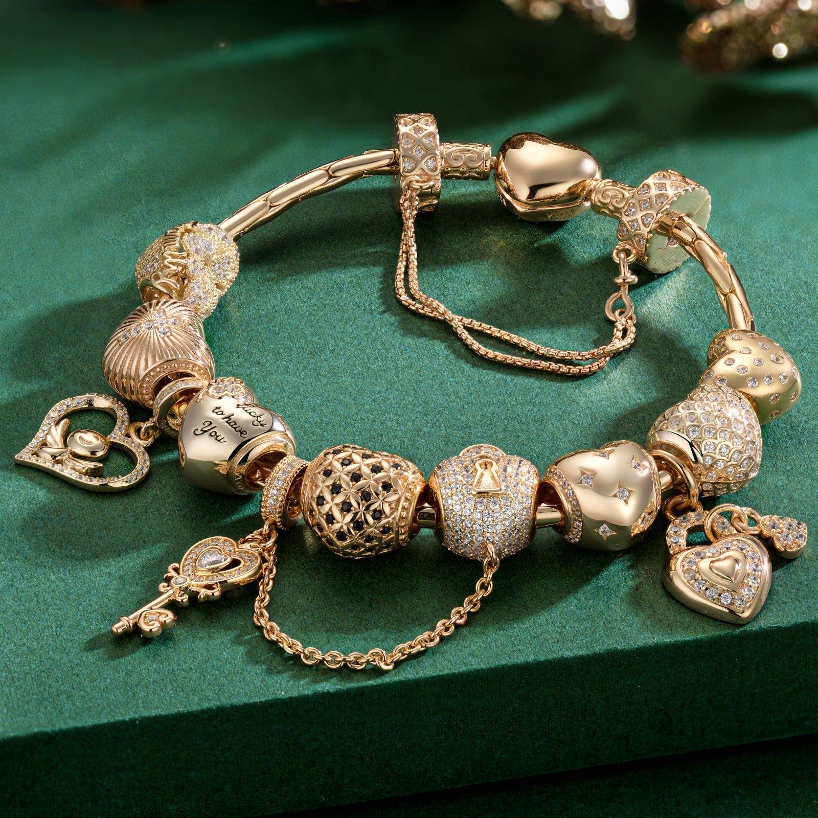 Sterling Silver Golden Heart Charms Bracelet Set In 14K Gold Plated (Includes bracelet and all charms shown) - Image 7