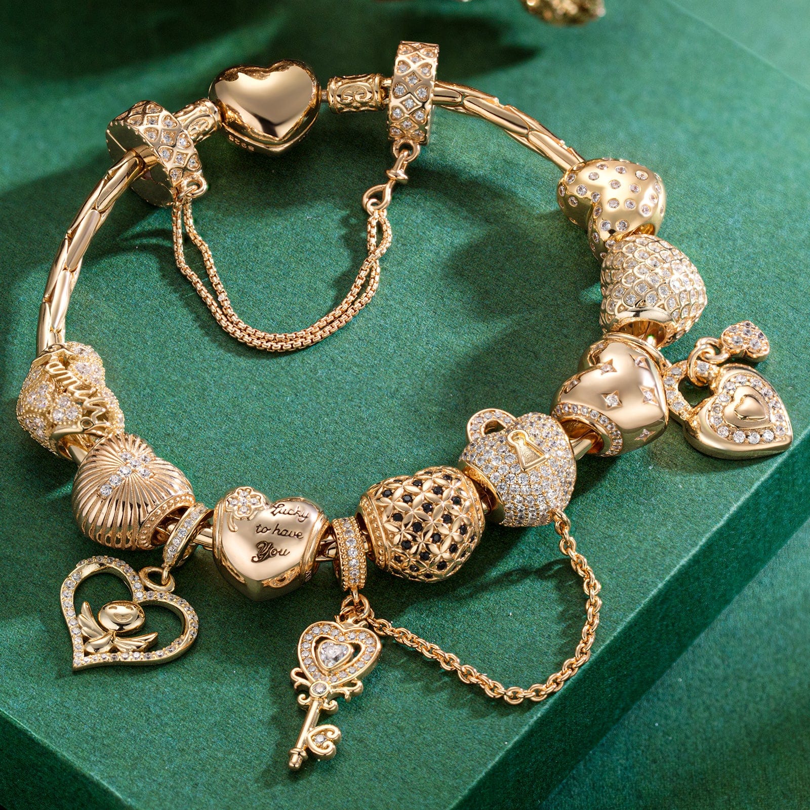 Sterling Silver Golden Heart Charms Bracelet Set In 14K Gold Plated (Includes bracelet and all charms shown) - Image 8