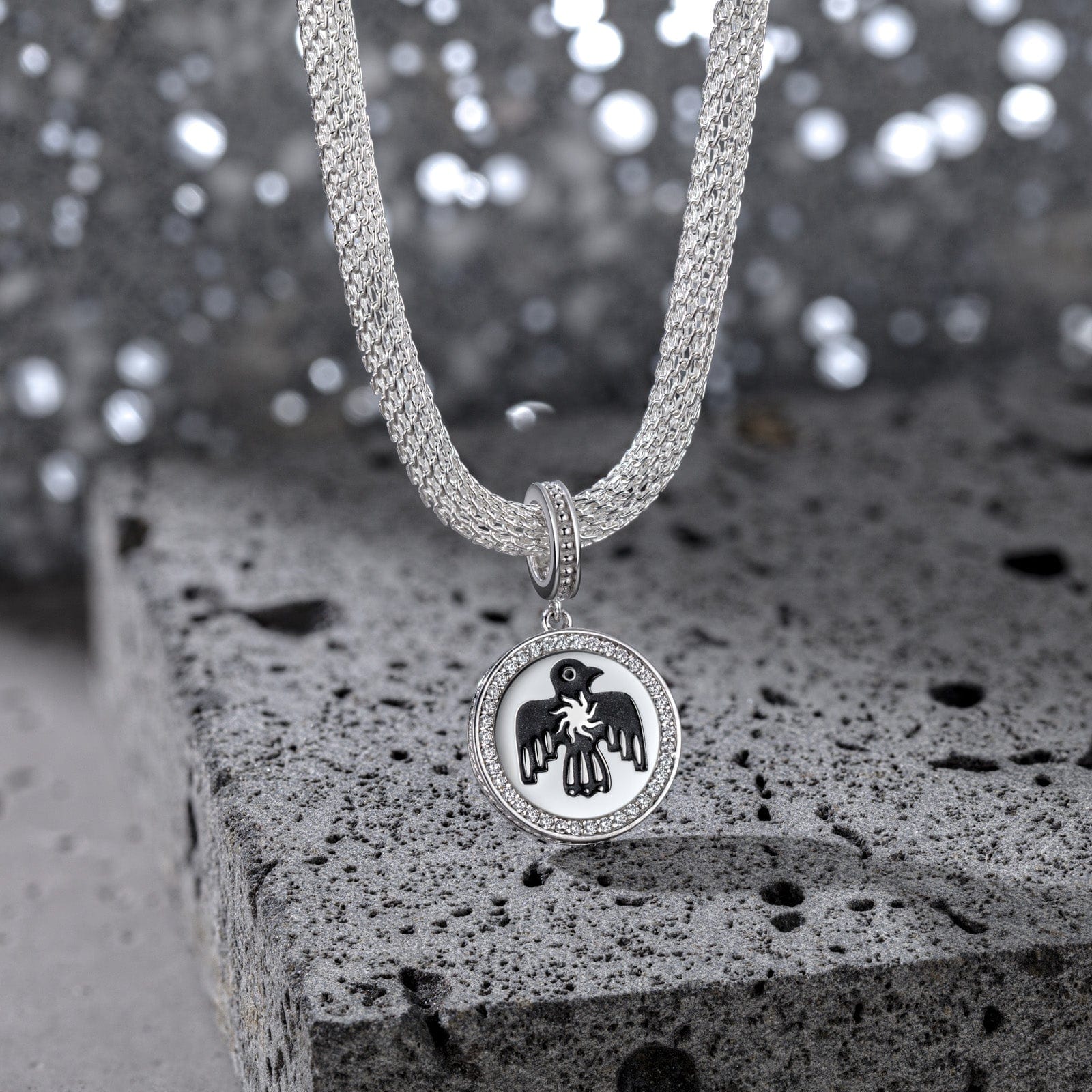 Sterling Silver Thunderbird XL Size Charms Necklace Set With Enamel In White Gold Plated For Men - Image 2