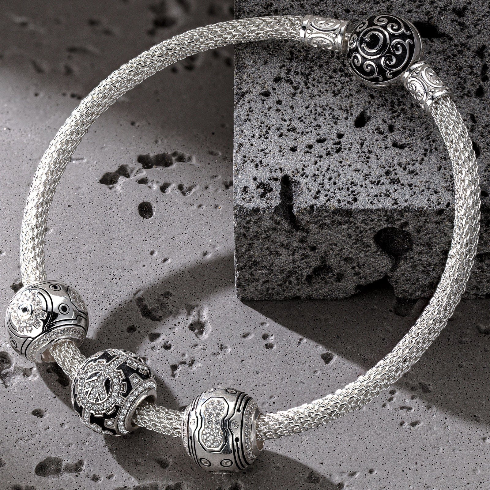 Sterling Silver Cybernetic Mech XL Size Charms Bracelet Set With Enamel In White Gold Plated For Men (Includes bracelet and all charms shown)