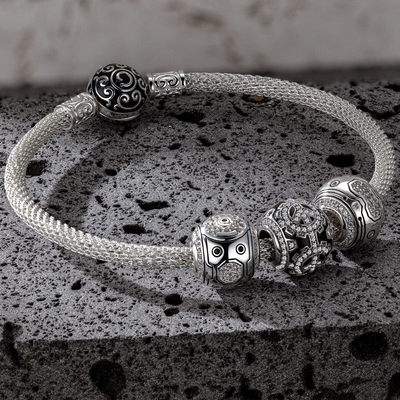 Sterling Silver Cybernetic Mech XL Size Charms Bracelet Set With Enamel In White Gold Plated For Men (Includes bracelet and all charms shown) - Image 2