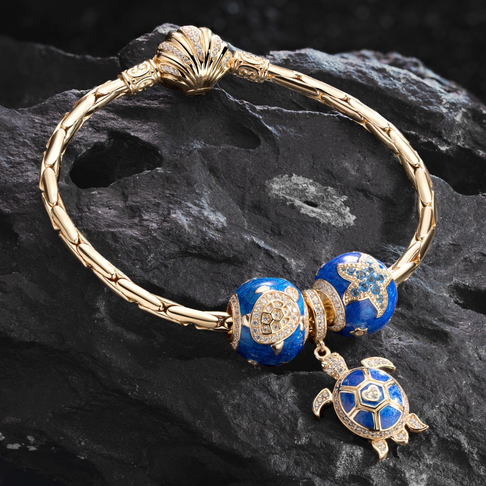 Sterling Silver Sea Turtle Family Charms Bracelet Set With Enamel In 14K Gold Plated (Includes bracelet and all charms shown) - Image 2