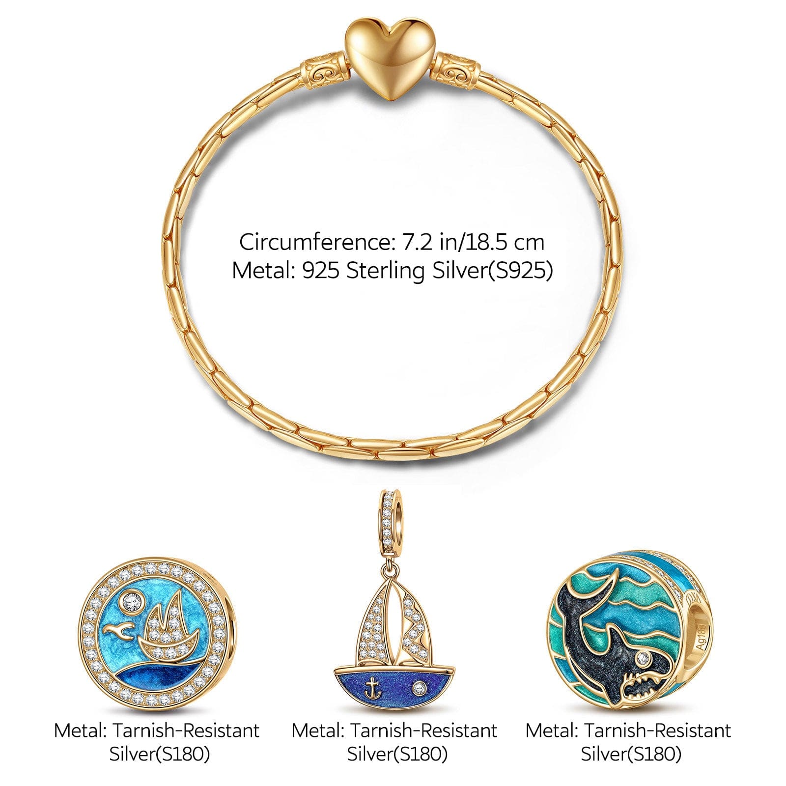 Sterling Silver Voyage Charms Bracelet Set With Enamel In 14K Gold Plated (Includes bracelet and all charms shown) - Image 3