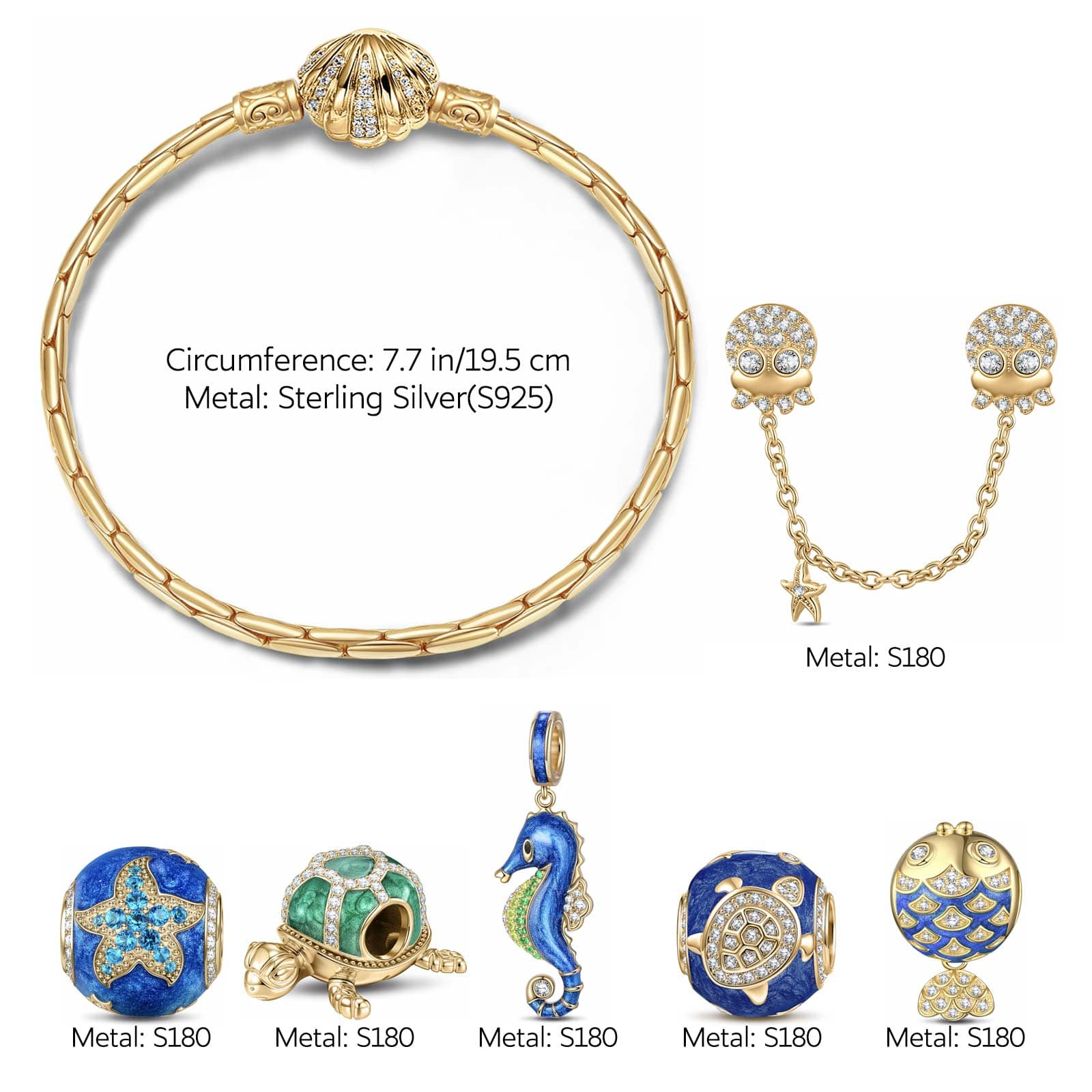 Sterling Silver Underwater Party Charms Bracelet Set With Enamel In 14K Gold Plated (Includes bracelet and all charms shown) - Image 3
