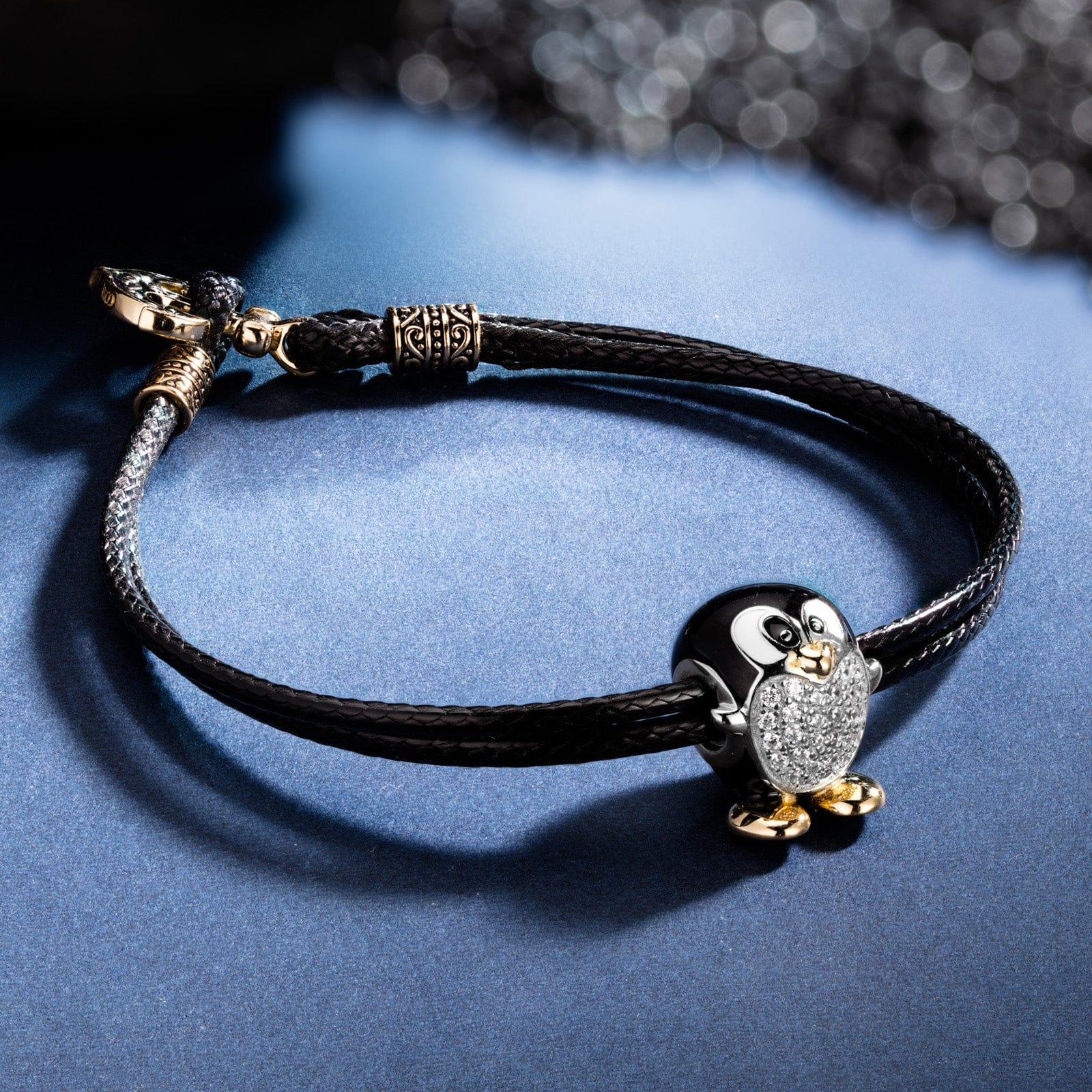 Sterling Silver Happy Penguin Leather Charms Bracelet Set With Enamel In Two-Tone Plating (Includes bracelet and all charms shown)