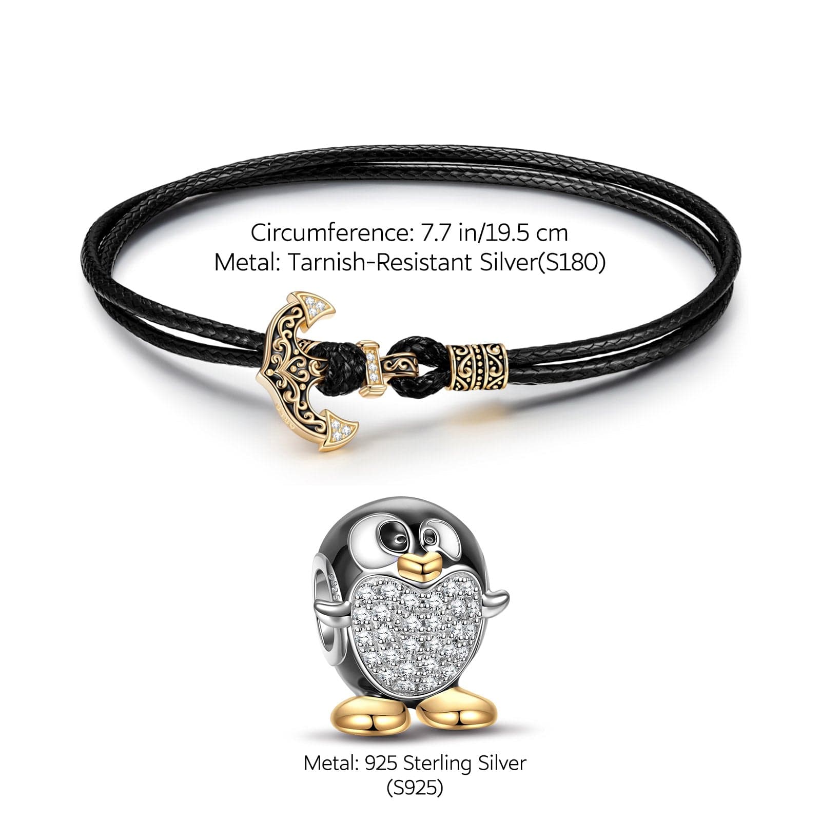 Sterling Silver Happy Penguin Leather Charms Bracelet Set With Enamel In Two-Tone Plating (Includes bracelet and all charms shown) - Image 3