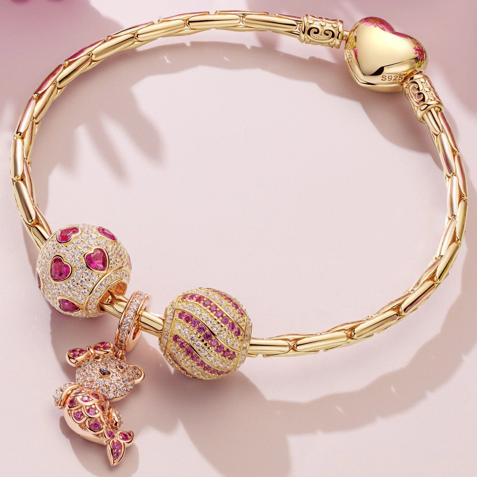 Sterling Silver Pink Mermaid Fish Charms Bracelet Set With Enamel In 14K Gold Plated (Includes bracelet and all charms shown) - Image 2