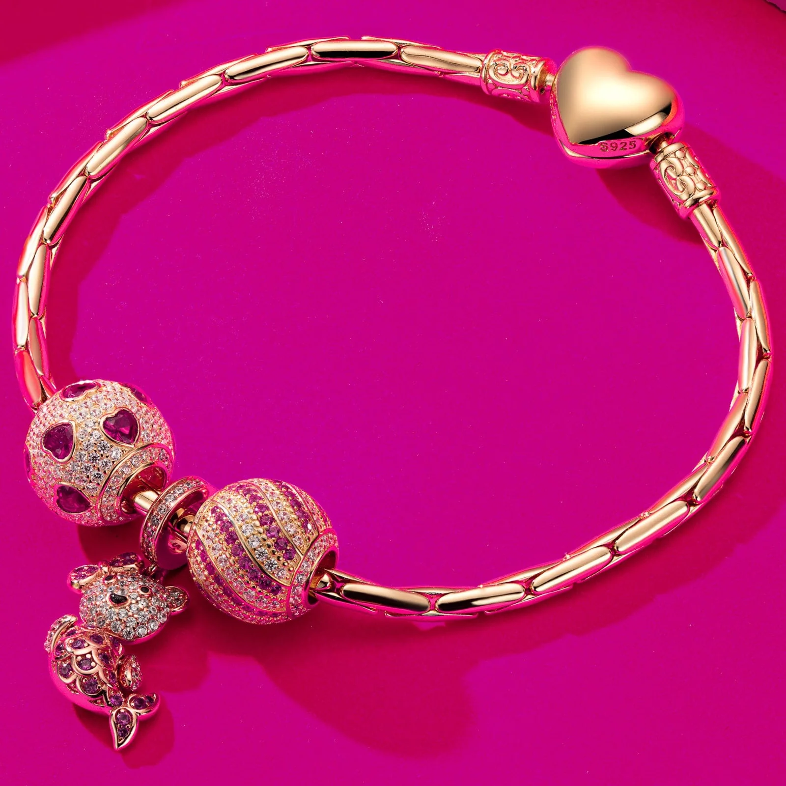 Sterling Silver Pink Mermaid Fish Charms Bracelet Set With Enamel In 14K Gold Plated (Includes bracelet and all charms shown) - Image 7