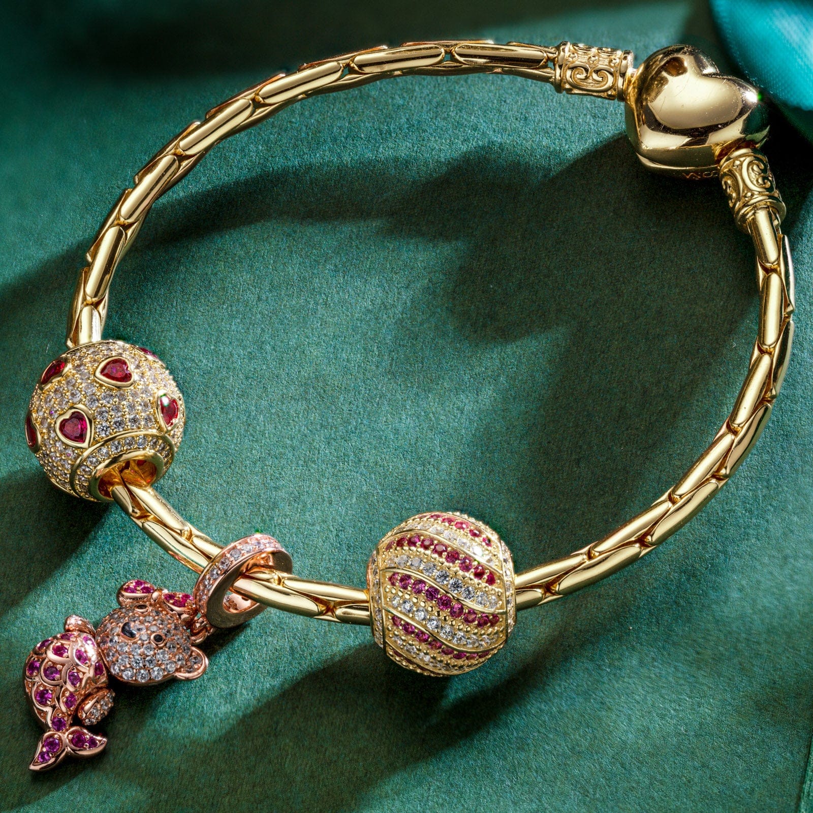 Sterling Silver Pink Mermaid Fish Charms Bracelet Set With Enamel In 14K Gold Plated (Includes bracelet and all charms shown)