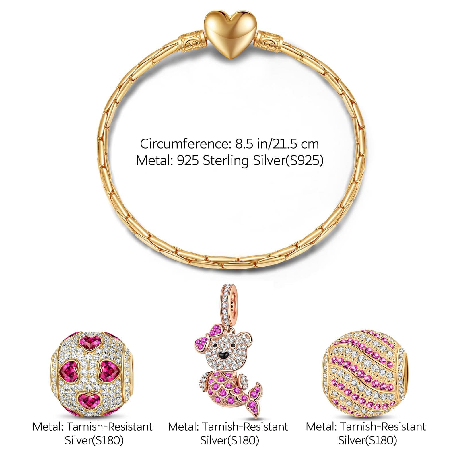 Sterling Silver Pink Mermaid Fish Charms Bracelet Set With Enamel In 14K Gold Plated (Includes bracelet and all charms shown) - Image 3