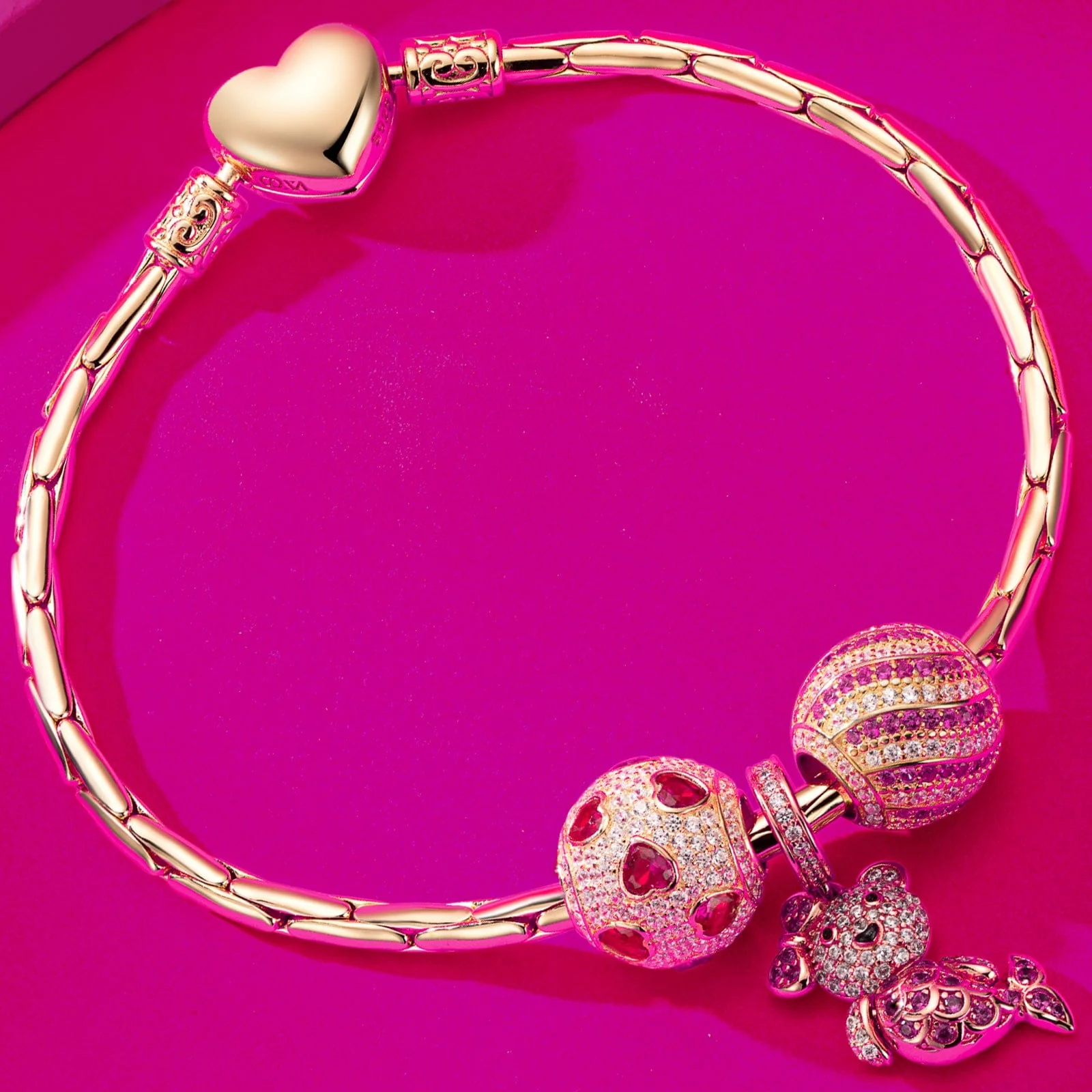 Sterling Silver Pink Mermaid Fish Charms Bracelet Set With Enamel In 14K Gold Plated (Includes bracelet and all charms shown) - Image 8