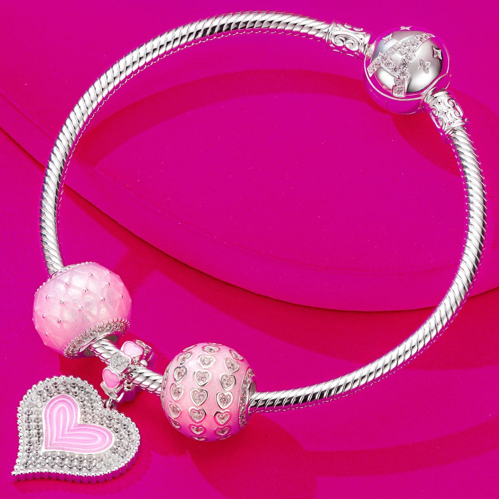 Sterling Silver Pink Date Charms Bracelet Set With Enamel In White Gold Plated (Includes bracelet and all charms shown) - Image 2