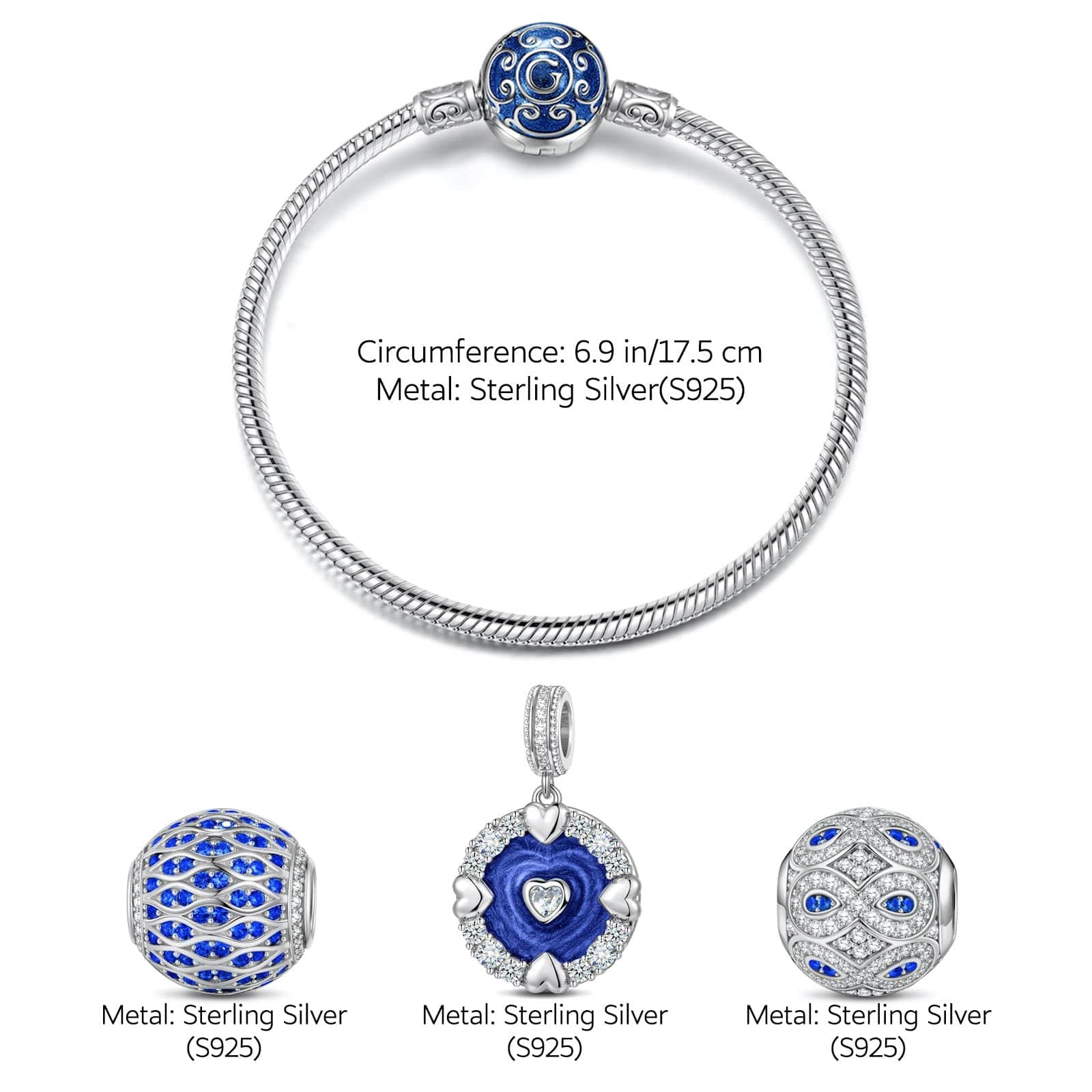 Sterling Silver Ocean Ripple Charms Bracelet Set With Enamel In White Gold Plated (Includes bracelet and all charms shown) - Image 2