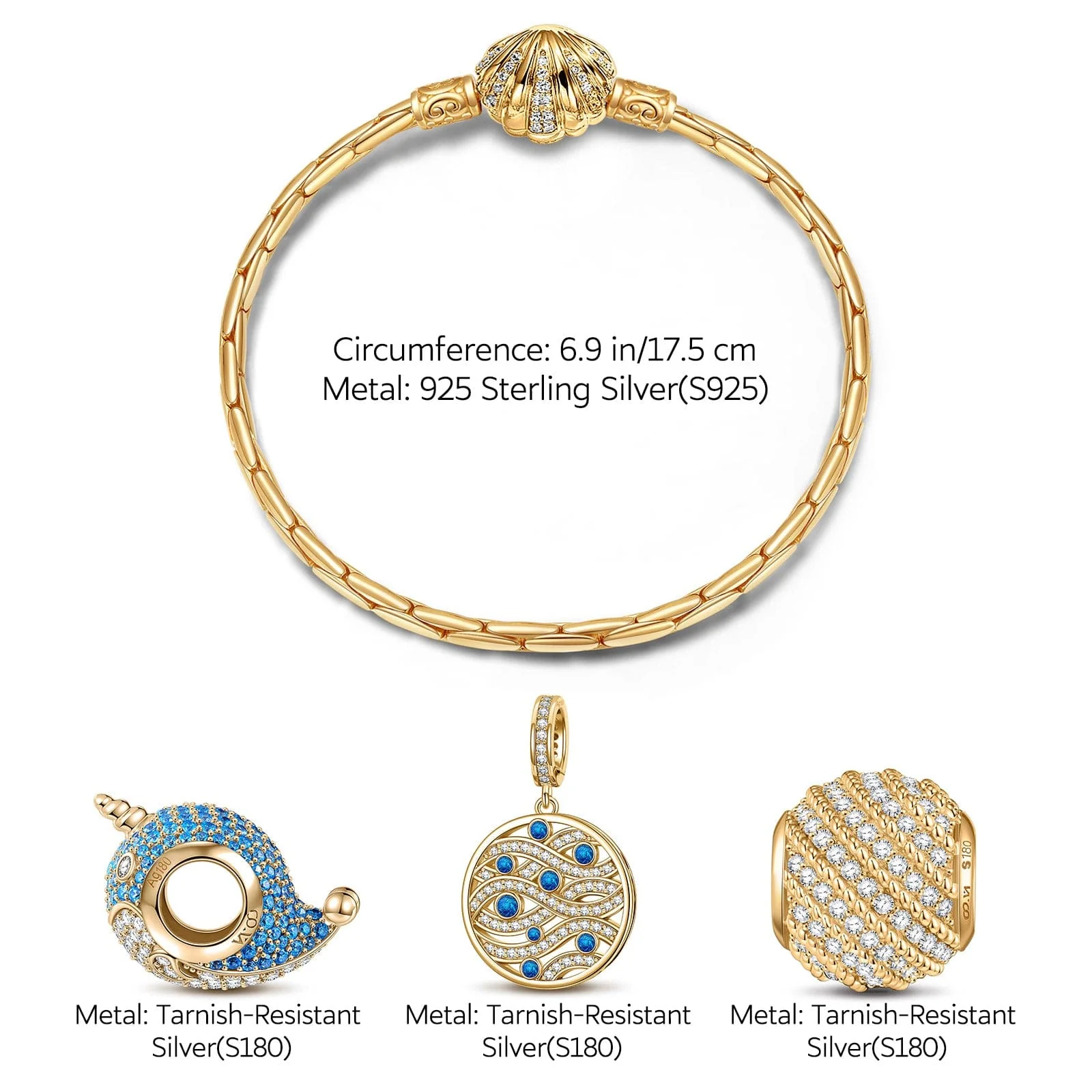 Sterling Silver Playful Narwhal Charms Bracelet Set With Enamel In 14K Gold Plated (Includes bracelet and all charms shown) - Image 3