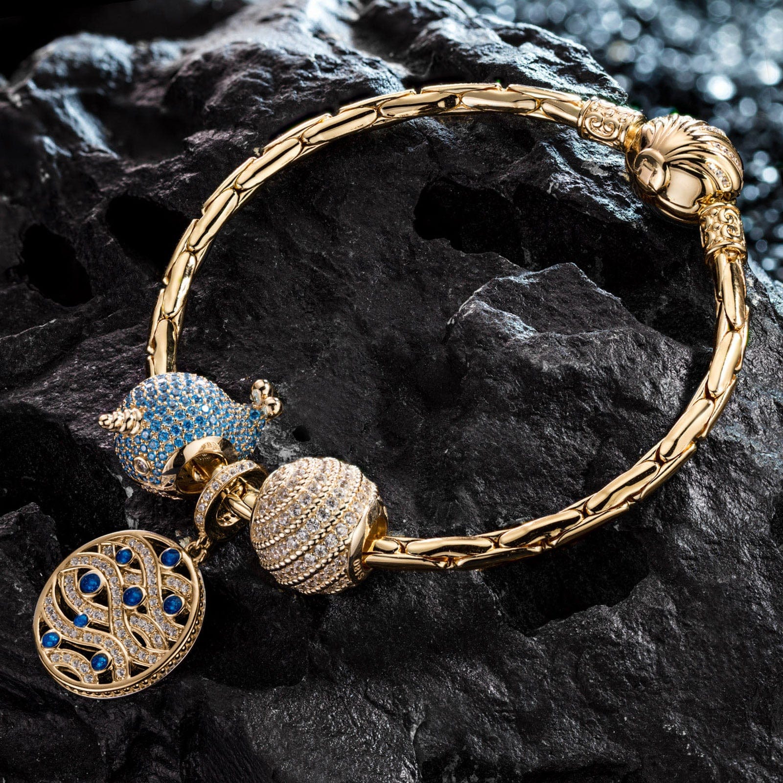 Sterling Silver Playful Narwhal Charms Bracelet Set With Enamel In 14K Gold Plated (Includes bracelet and all charms shown) - Image 2