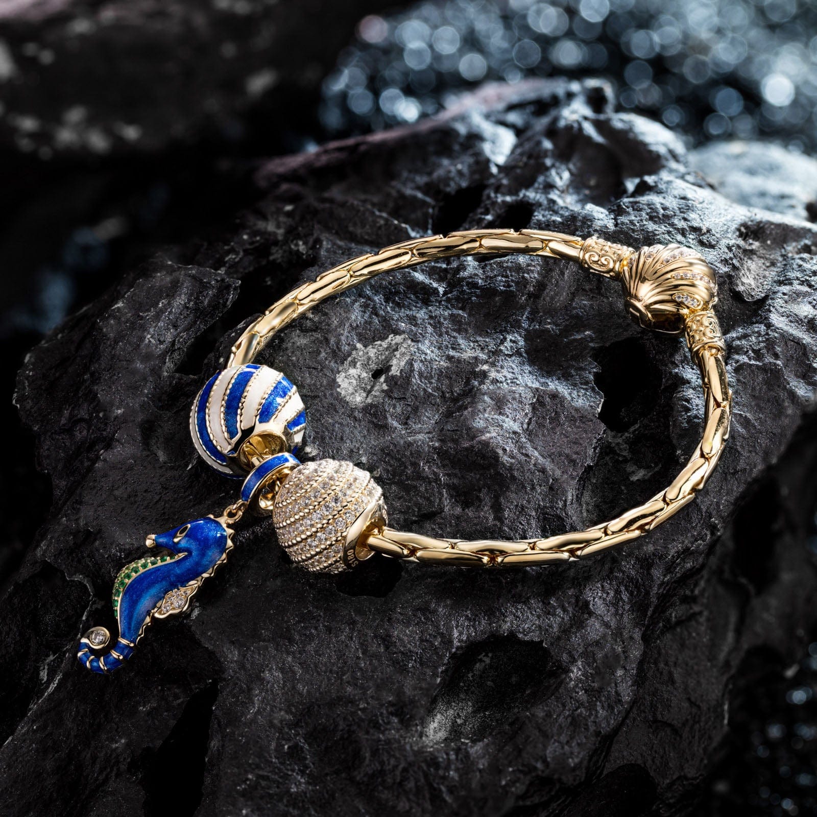 Sterling Silver Seahorse By Wave Charms Bracelet Set With Enamel In 14K Gold Plated (Includes bracelet and all charms shown) - Image 2