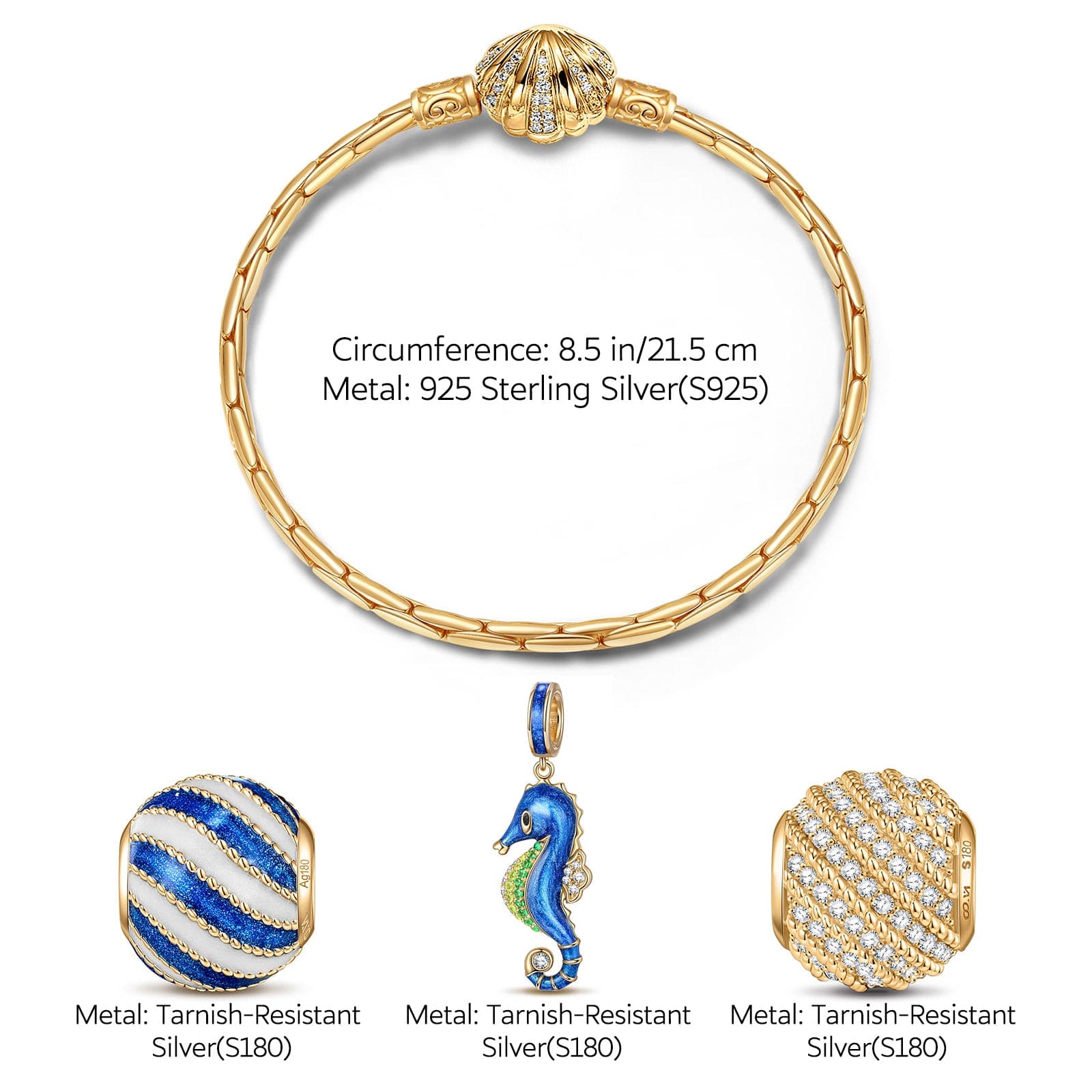 Sterling Silver Seahorse By Wave Charms Bracelet Set With Enamel In 14K Gold Plated (Includes bracelet and all charms shown) - Image 3