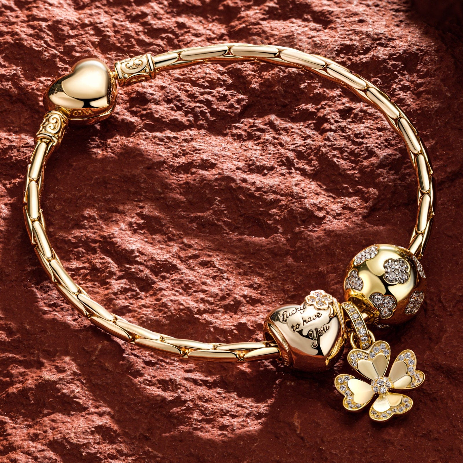Sterling Silver Lucky Clover Charms Bracelet Set In 14K Gold Plated (Includes bracelet and all charms shown) - Image 2