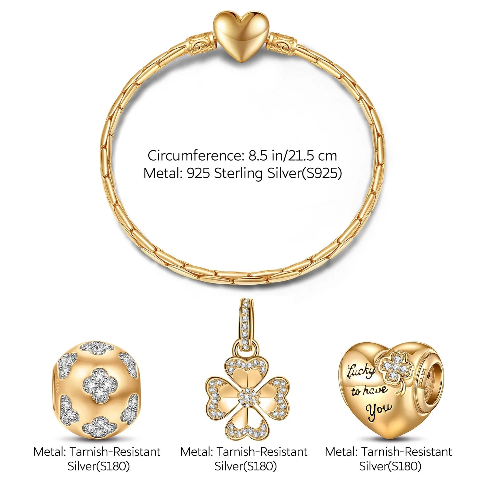 Sterling Silver Lucky Clover Charms Bracelet Set In 14K Gold Plated (Includes bracelet and all charms shown) - Image 3