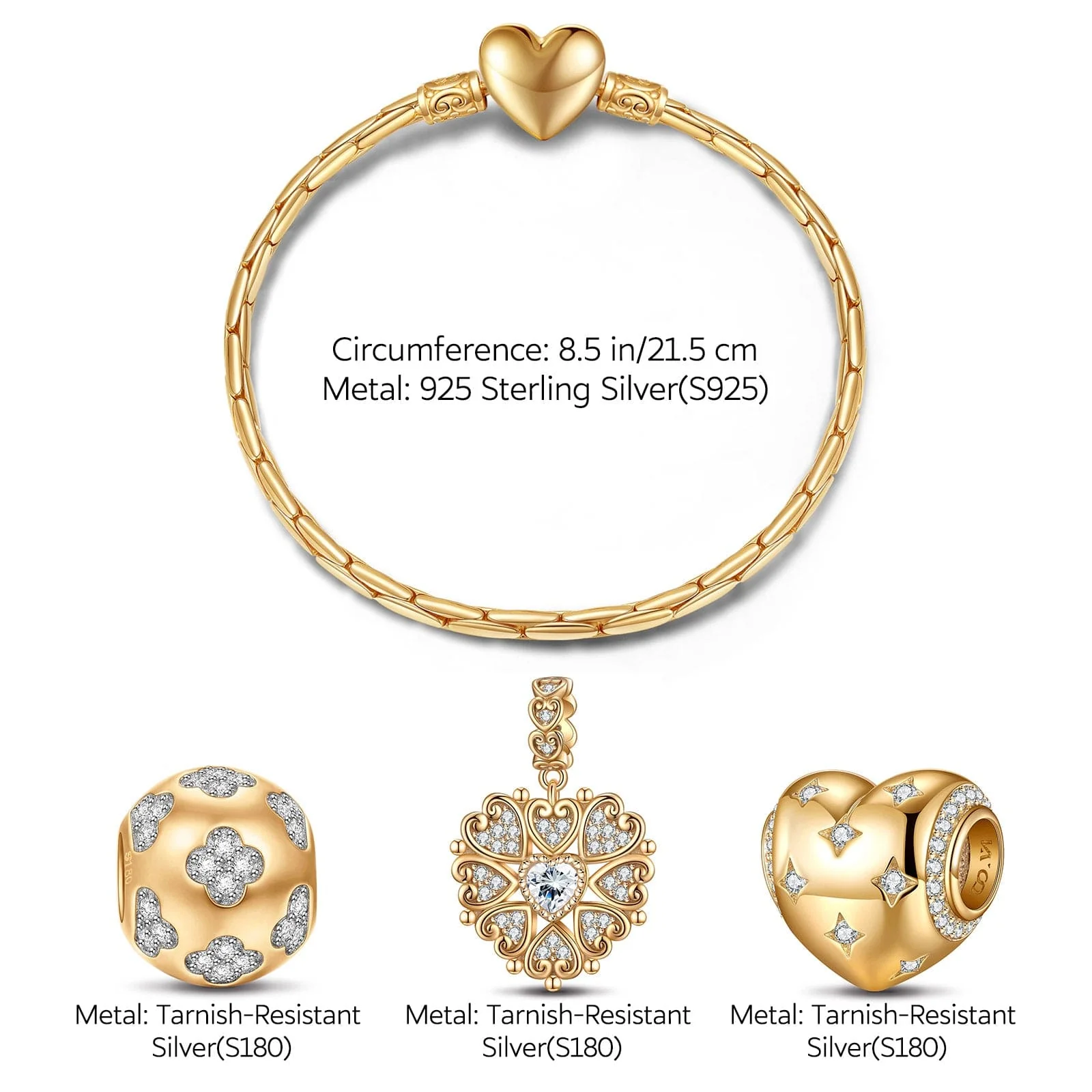 Sterling Silver Love At First Sight Charms Bracelet Set In 14K Gold Plated (Includes bracelet and all charms shown) - Image 3