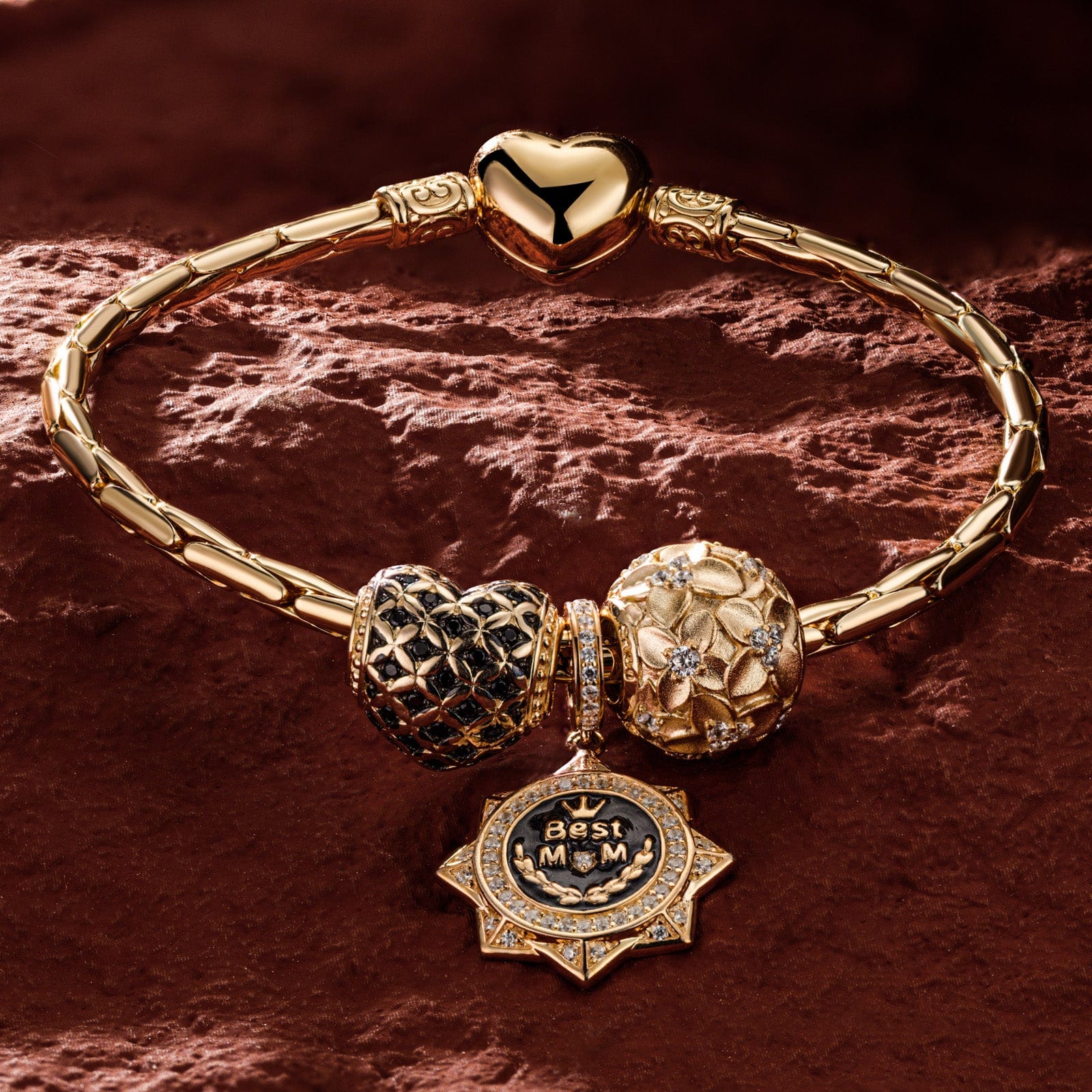 Sterling Silver Bloom Charms Bracelet Set With Enamel In 14K Gold Plated (Includes bracelet and all charms shown)