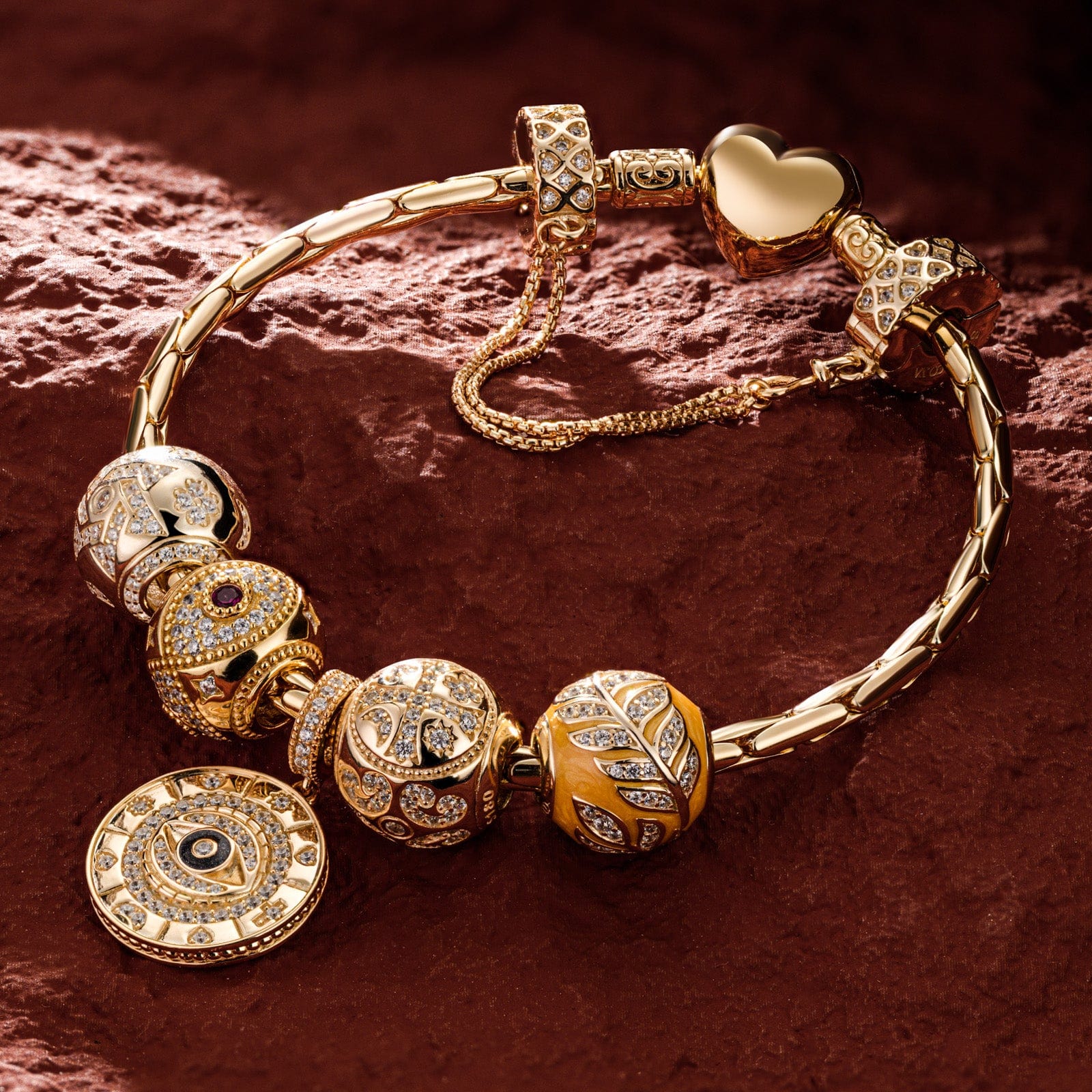 Sterling Silver Harvest Charms Bracelet Set With Enamel In 14K Gold Plated (Includes bracelet and all charms shown)