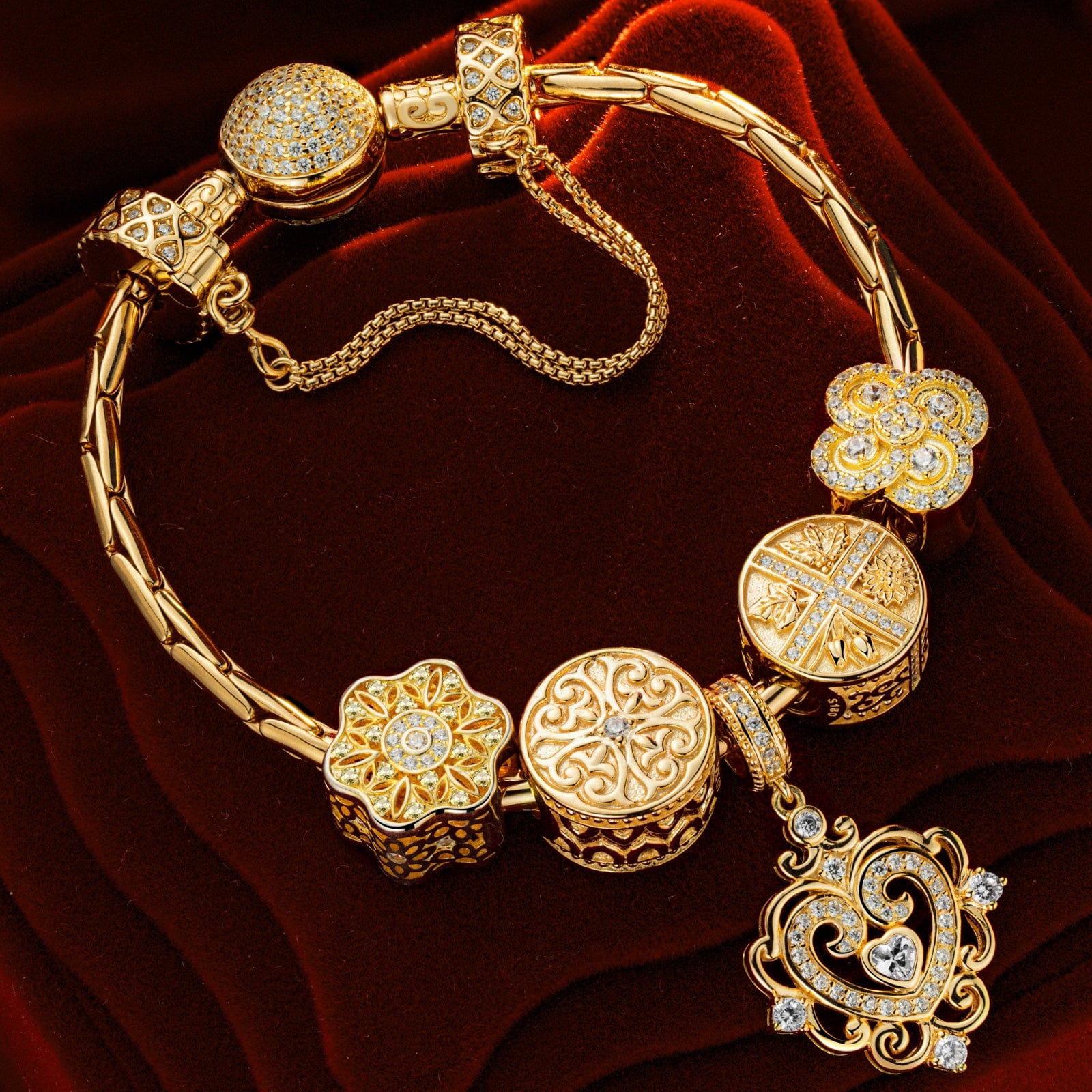 Sterling Silver The Queen's Garden Charms Bracelet Set In 14K Gold Plated (Includes bracelet and all charms shown)