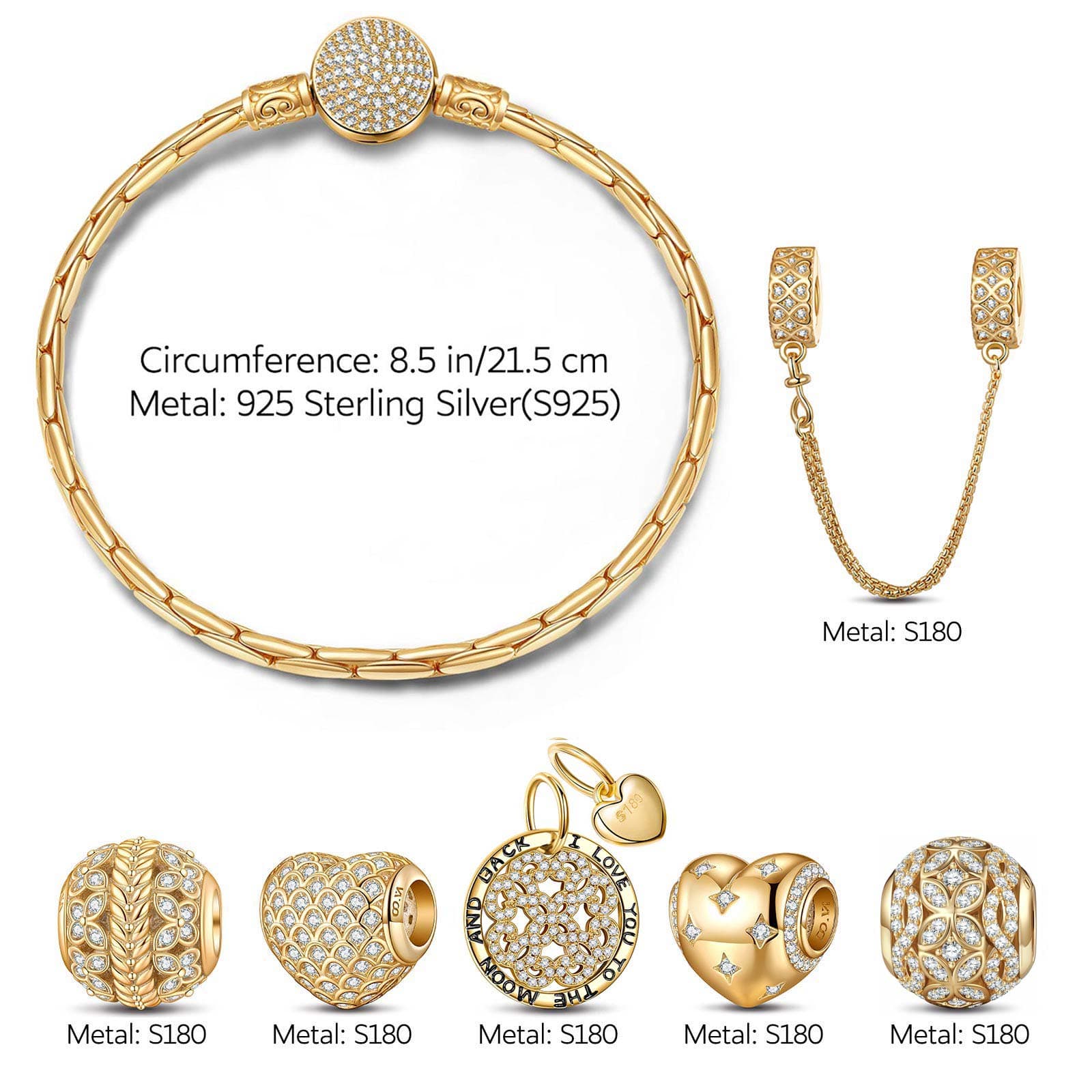 Sterling Silver Sweet Love Charms Bracelet Set In 14K Gold Plated (Includes bracelet and all charms shown) - Image 2