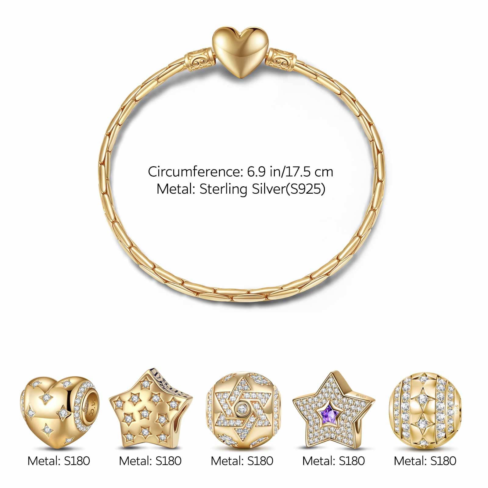 Sterling Silver The Stars Of Versailles Charms Bracelet Set In 14K Gold Plated (Includes bracelet and all charms shown) - Image 3