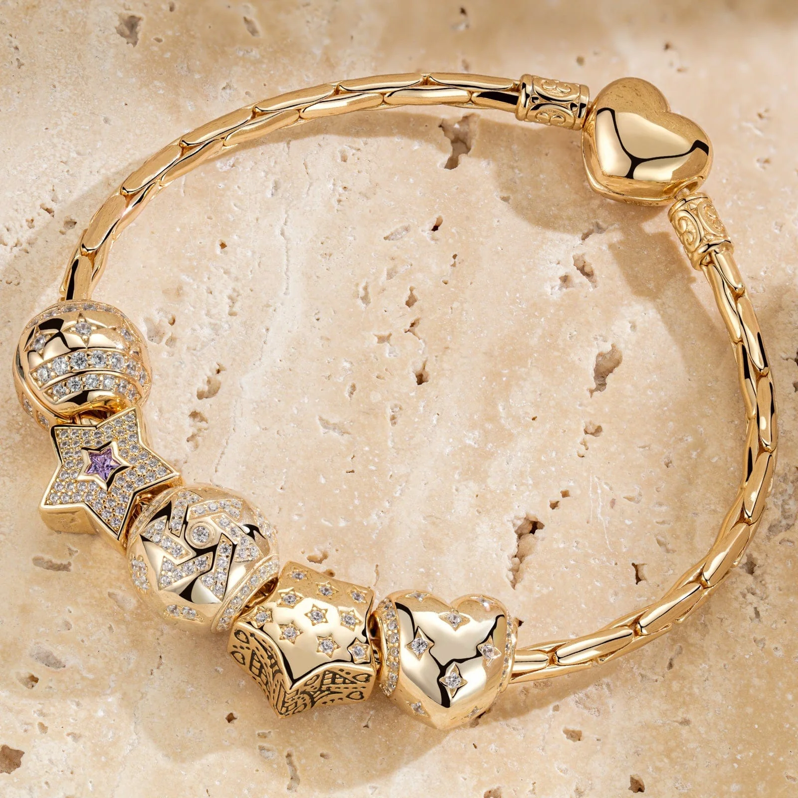 Sterling Silver The Stars Of Versailles Charms Bracelet Set In 14K Gold Plated (Includes bracelet and all charms shown)