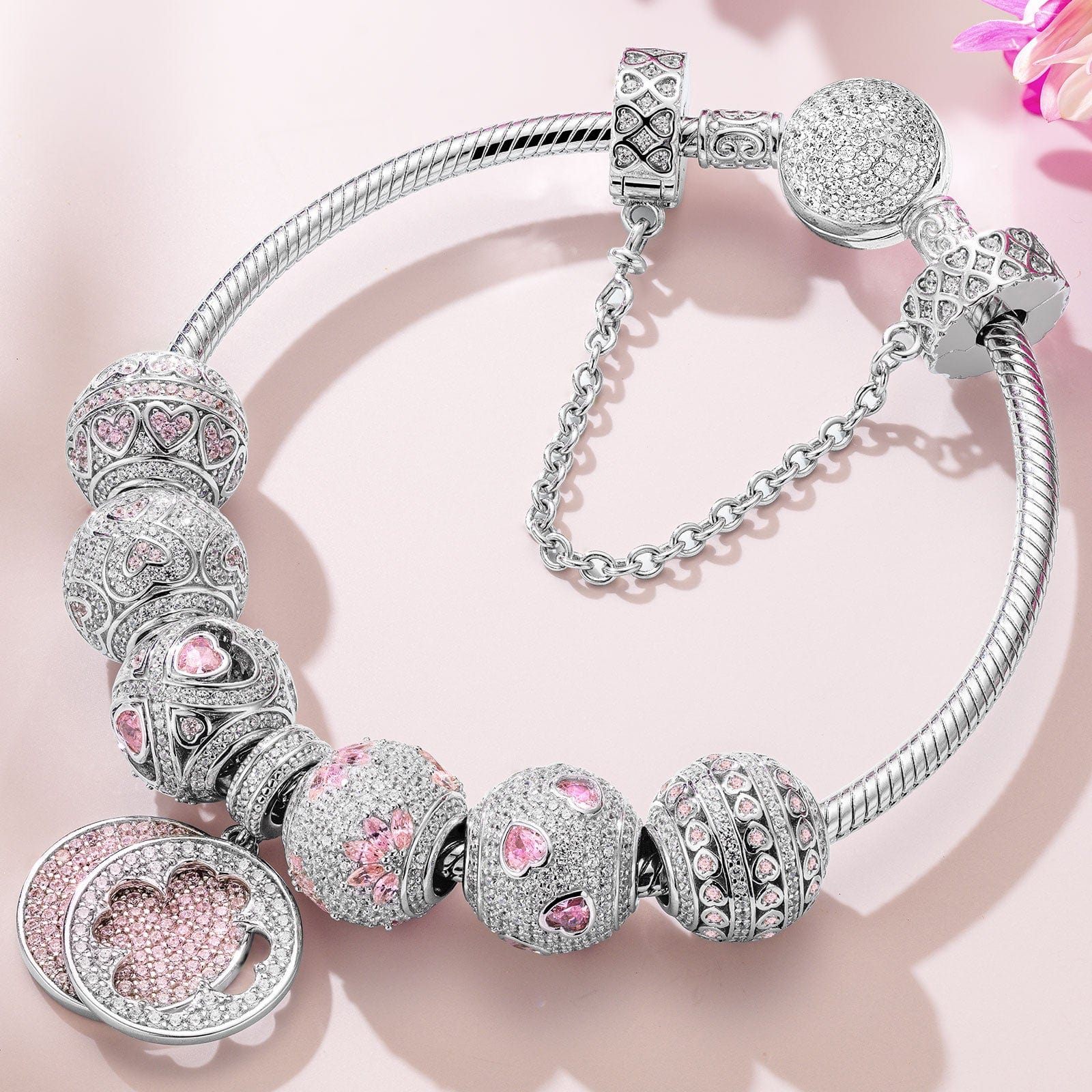 Sterling Silver Lucky Day Charms Bracelet Set In White Gold Plated (Includes bracelet and all charms shown)