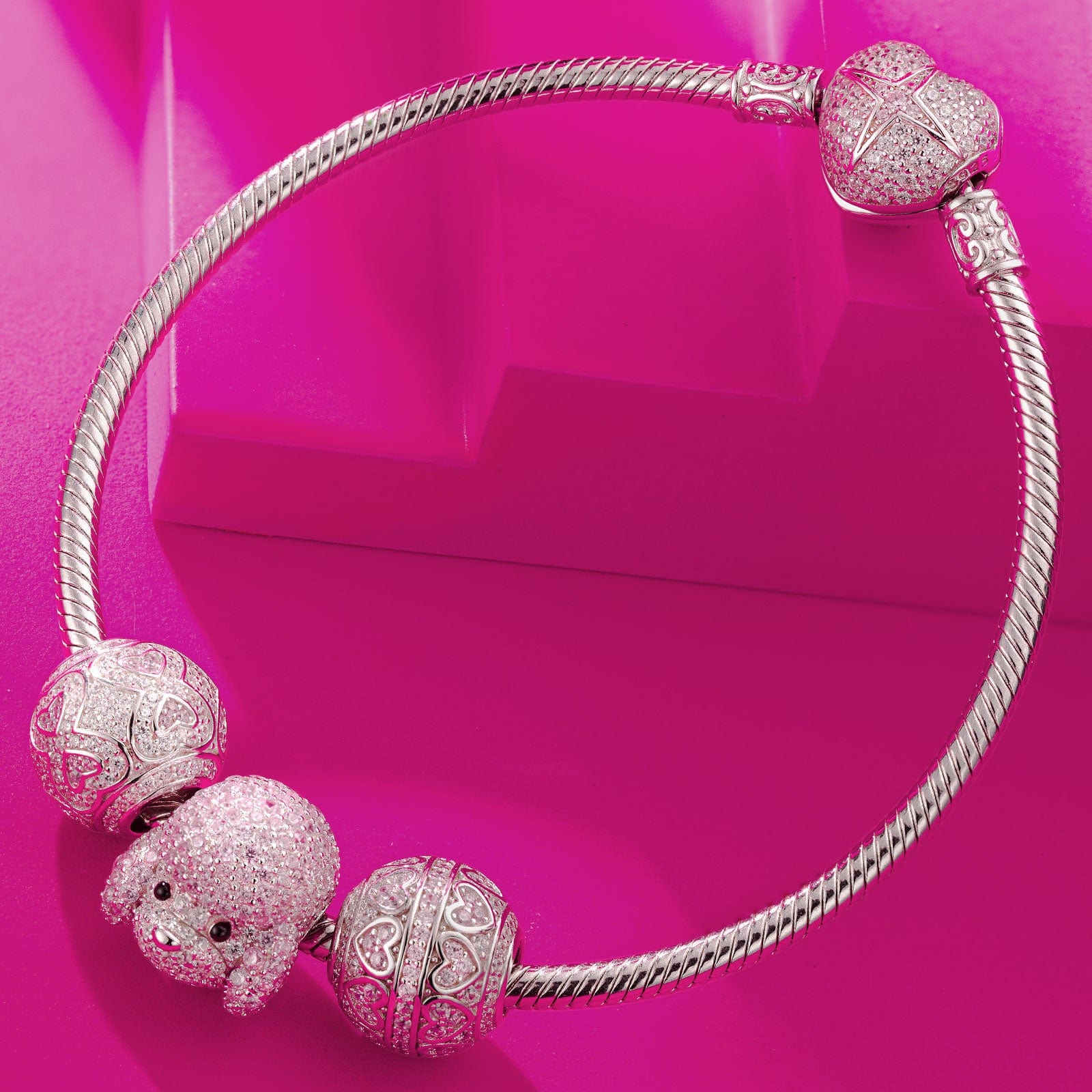 Sterling Silver Cute Pet Paradise Charms Bracelet Set With Enamel In White Gold Plated (Includes bracelet and all charms shown) - Image 2