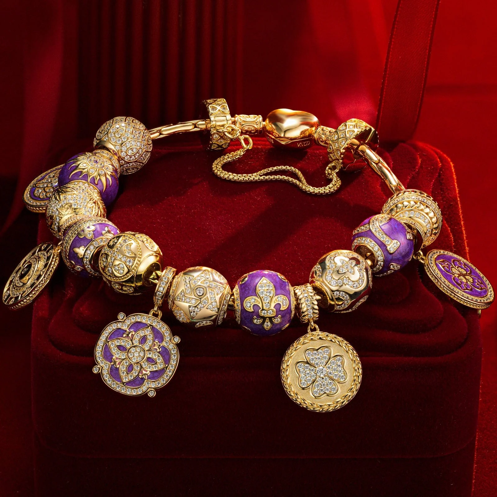 Sterling Silver Purple Romantic Charms Bracelet Set With Enamel In 14K Gold Plated (Includes bracelet and all charms shown) - Image 4