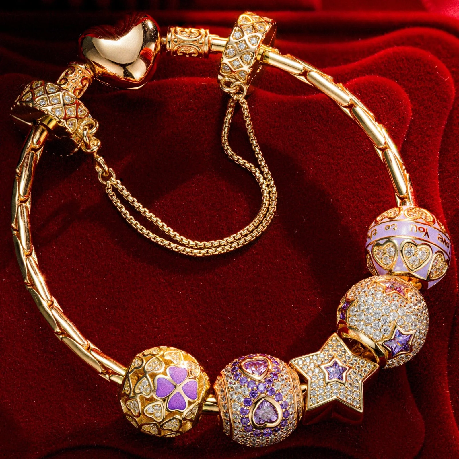 Sterling Silver Amethyst Romance Charms Bracelet Set With Enamel In 14K Gold Plated (Includes bracelet and all charms shown) - Image 2