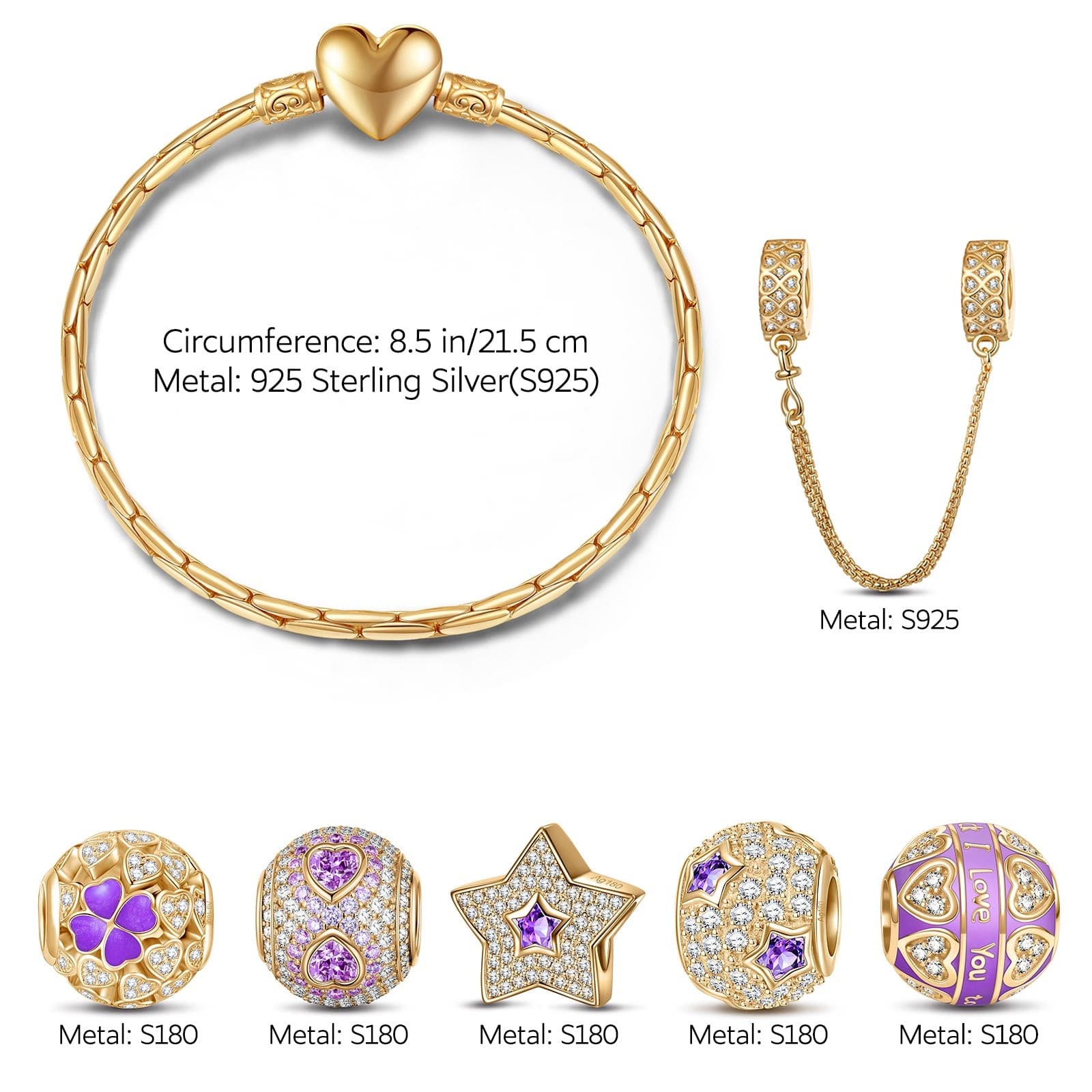 Sterling Silver Amethyst Romance Charms Bracelet Set With Enamel In 14K Gold Plated (Includes bracelet and all charms shown) - Image 3
