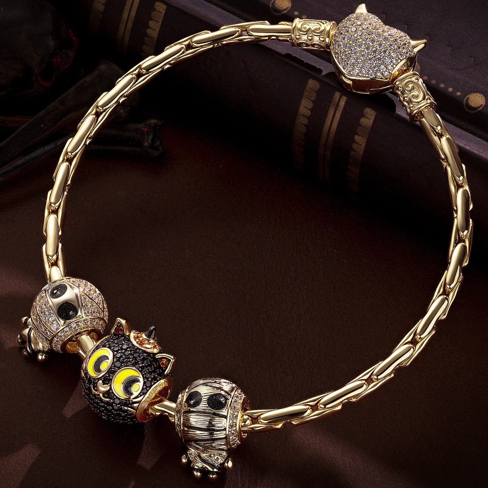 Sterling Silver Cute Mummy and Cat Charms Bracelet Set With Enamel In 14K Gold Plated (Includes bracelet and all charms shown)