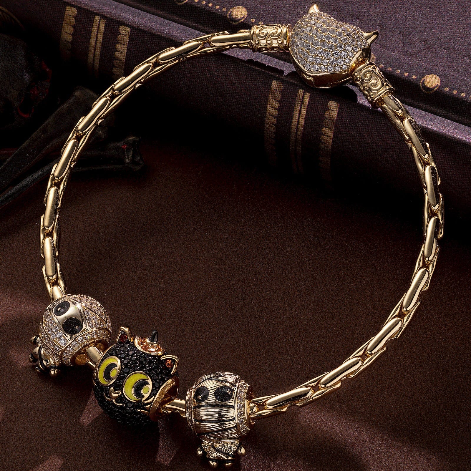 Sterling Silver Cute Mummy and Cat Charms Bracelet Set With Enamel In 14K Gold Plated (Includes bracelet and all charms shown) - Image 3