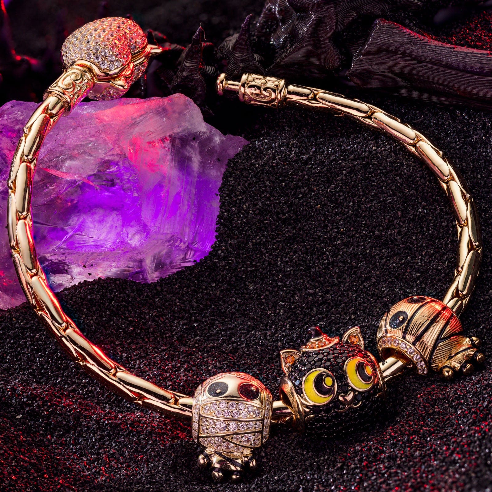 Sterling Silver Cute Mummy and Cat Charms Bracelet Set With Enamel In 14K Gold Plated (Includes bracelet and all charms shown) - Image 5