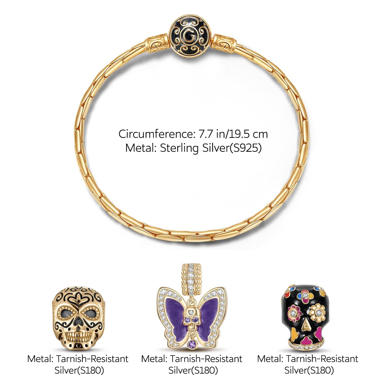 Sterling Silver Butterfly and Skull Charms Bracelet Set With Enamel In 14K Gold Plated (Includes bracelet and all charms shown) - Image 2