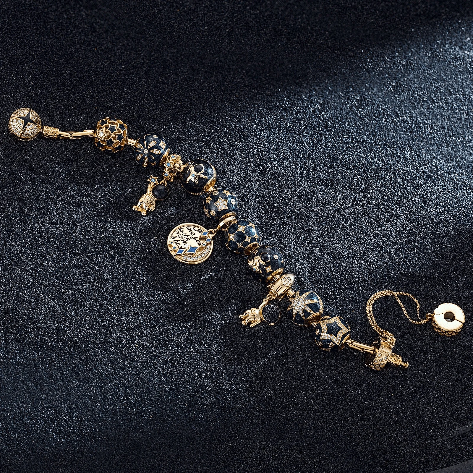 Sterling Silver Astronauts and Stars Bamboo Chain Charms Bracelet Set With Enamel In 14K Gold Plated (Includes bracelet and all charms shown) - Image 4