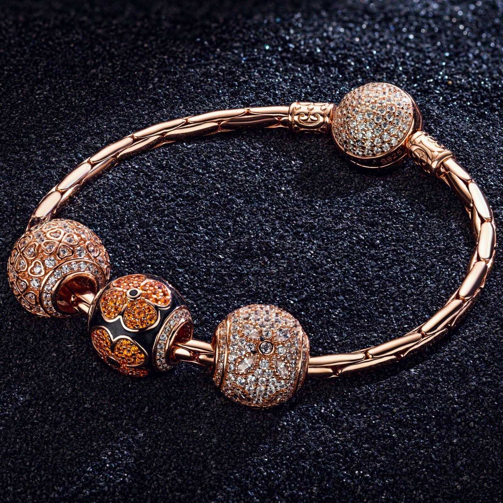 Sterling Silver Shining Four-Leaf Clover Bamboo Chain Charms Bracelet Set With Enamel In Rose Gold Plated (Includes bracelet and all charms shown)