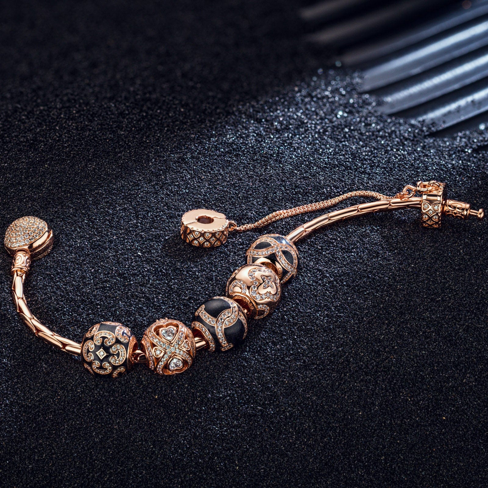 Sterling Silver Hug My Shining Bamboo Chain Charms Bracelet Set With Enamel In Rose Gold Plated (Includes bracelet and all charms shown) - Image 2